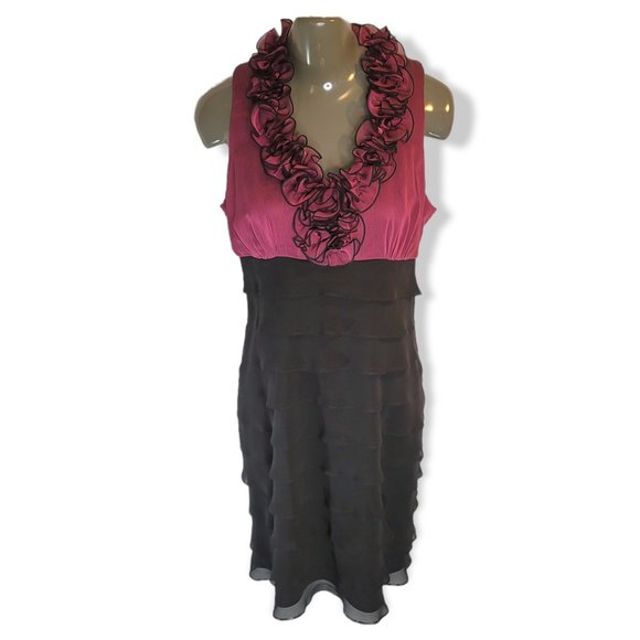 S.L. Fashions Women's Black & Purple Sleeveless Ruffle V Neck Midi Dress Size 12 - Picture 1 of 5